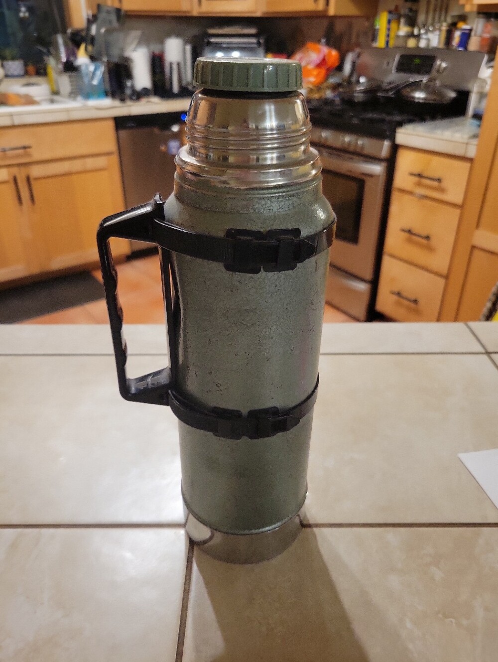 Vintage Aladdin Green Metal Thermos Quart Size With Stopper